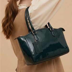 Elegant Dark Green Shiny Patent Leather Handbag
